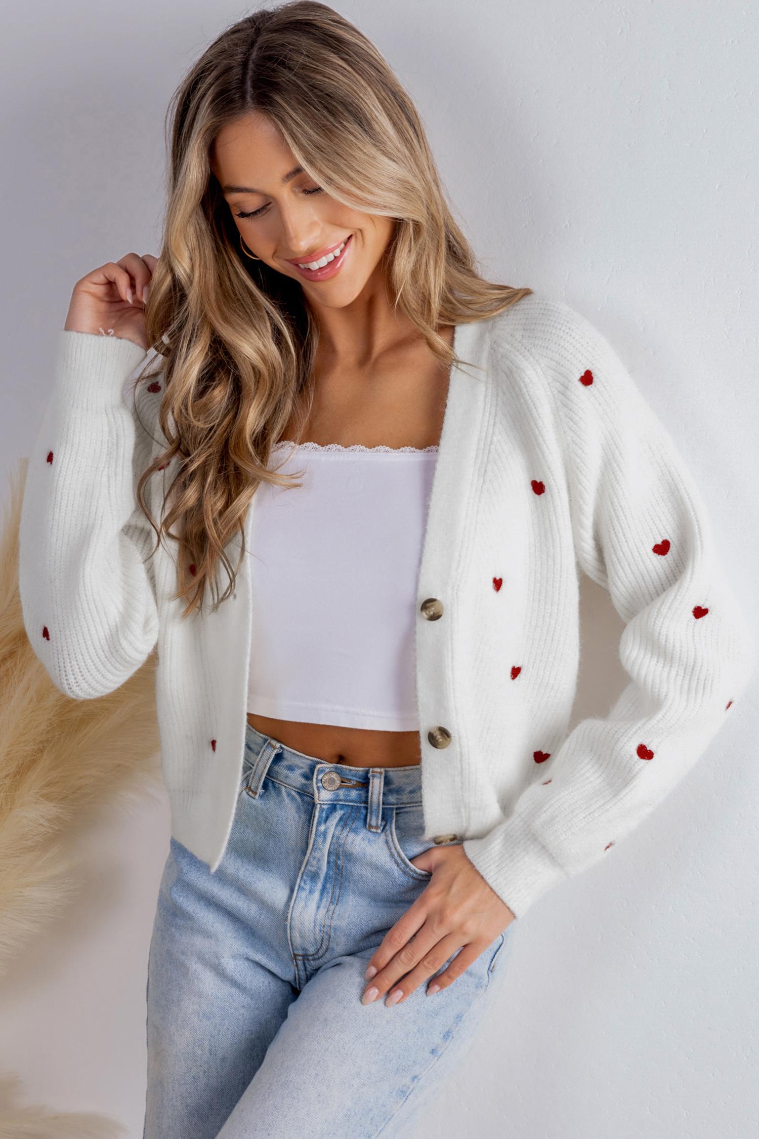 heart print long sleeve v-neck cardigan - l