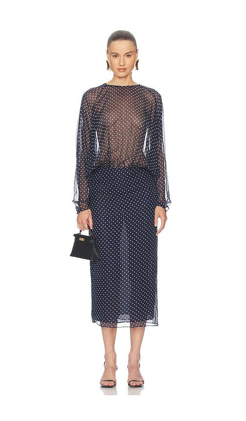 helsa the sabrina midi dress in printed silk chiffon in navy. - size l (also in xxs, xs, s, m, xl)