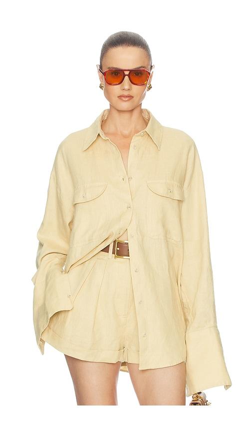 helsa washed linen shirt in beige. - size l/xl (also in s/m, xxs/xs)