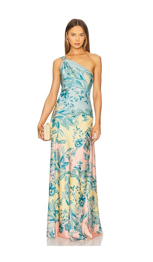 hemant and nandita one shoulder long dress in teal,yellow. - size m (also in s, xs, xxs)