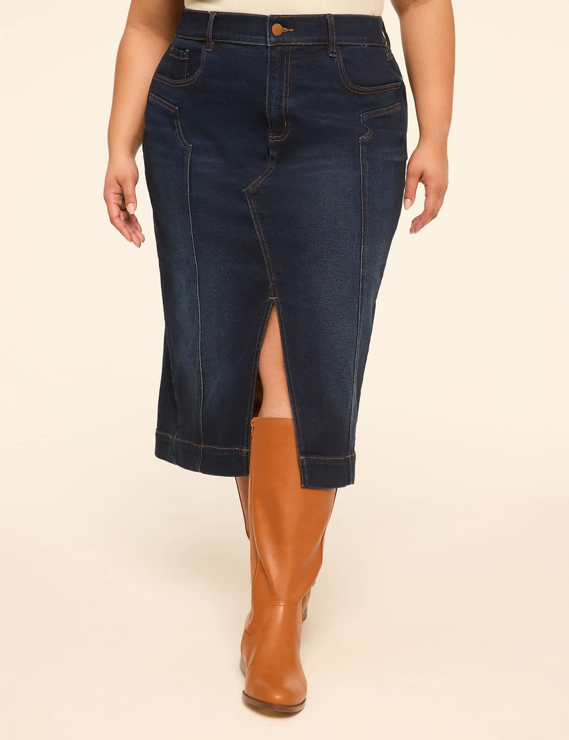 high-rise denim midi skirt