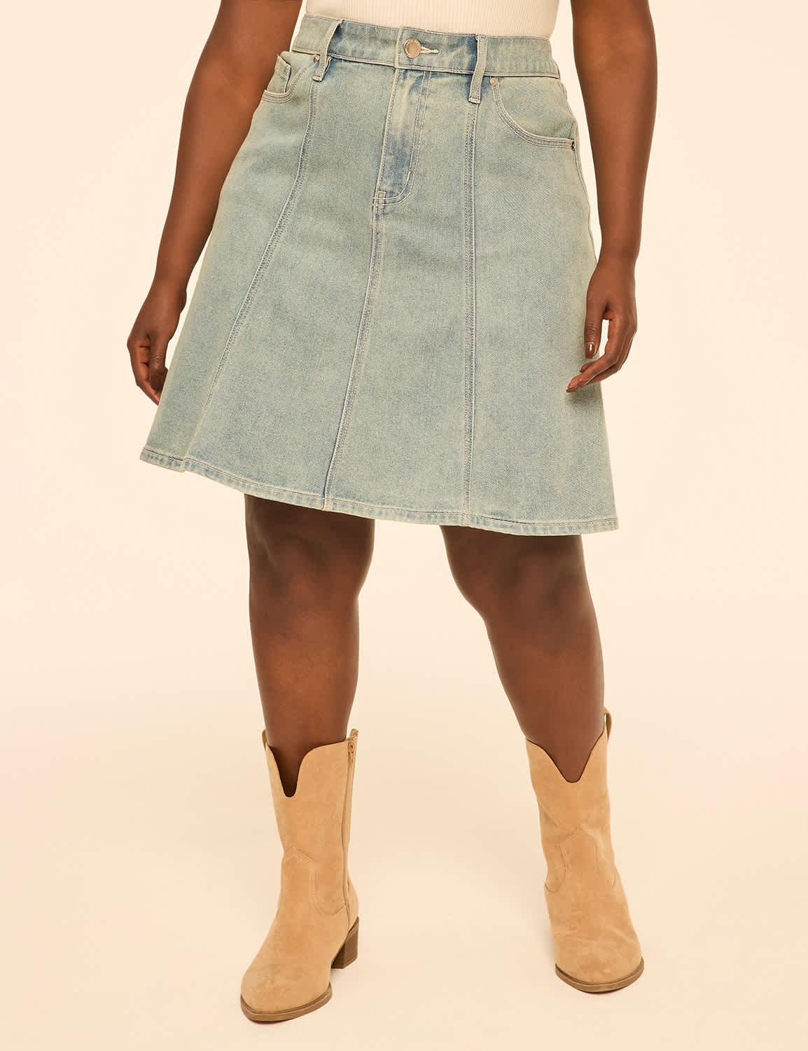 high-rise denim tulip skirt