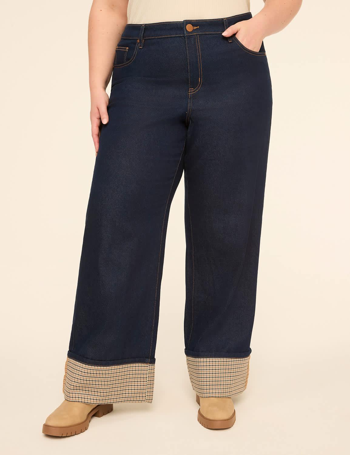 high-rise plaid-cuff wide leg jean
