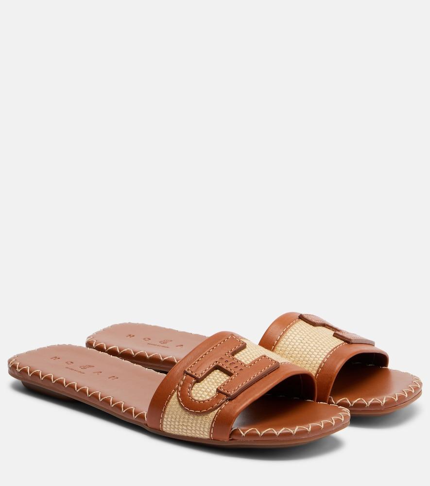 hogan leather-trimmed raffia slides