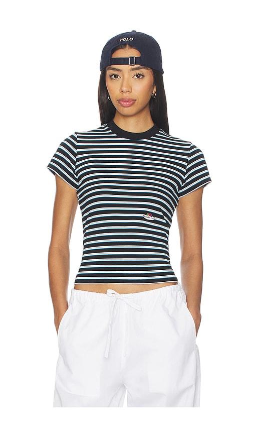 hommegirls x fruit of the loom striped baby tee in baby blue with printed fruit clusters in black,blue. - size s (also in xs)