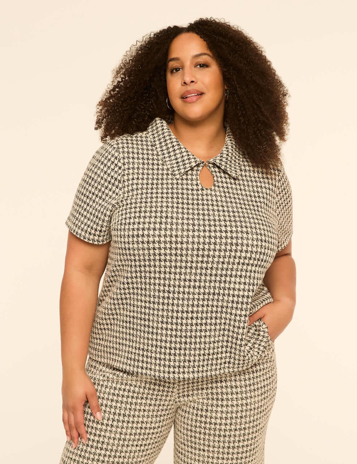 houndstooth collared keyhole top
