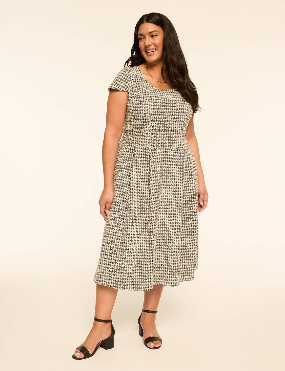 houndstooth square-neck midi dress