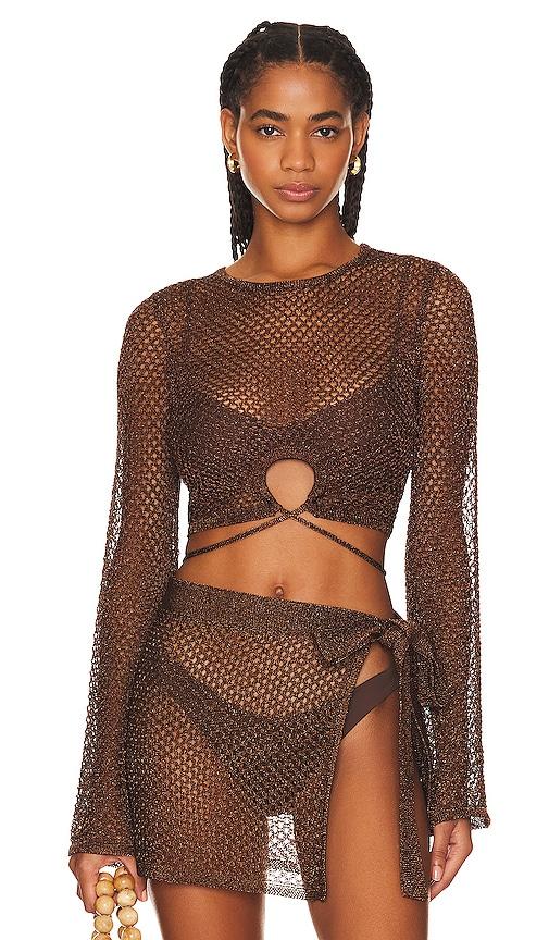 house of harlow 1960 x revolve sana metallic open stitch top in metallic bronze, brown. - size m (also in s, xl)