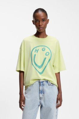 hugo cotton-jersey t-shirt with melted-effect happy print - green women's t-shirts size s