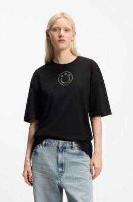 hugo cotton-jersey t-shirt with rhinestone happy - black women's t-shirts size xl
