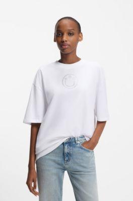 hugo cotton-jersey t-shirt with rhinestone happy - white women's t-shirts size xs