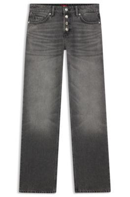 hugo grey straight-fit jeans in rigid denim - silver women's pants size 30/32