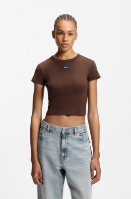 hugo logo-badge slim-fit t-shirt in stretch cotton - brown women's t-shirts size l