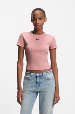 hugo logo-badge slim-fit t-shirt in stretch cotton - light pink women's t-shirts size s