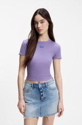 hugo logo-badge slim-fit t-shirt in stretch cotton - purple women's t-shirts size xl
