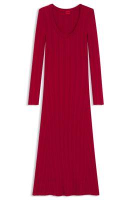 hugo midi dress with irregular rib - red women's knitted dresses size s