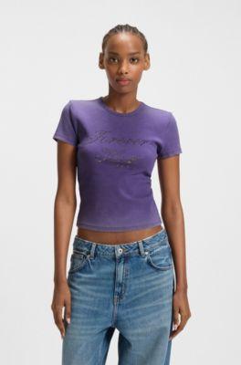 hugo rhinestone-logo slim-fit t-shirt in stretch cotton - purple women's t-shirts size s