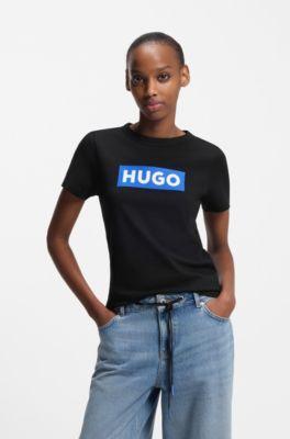 hugo slim-fit t-shirt in cotton with blue boxed logo - black women's t-shirts size m