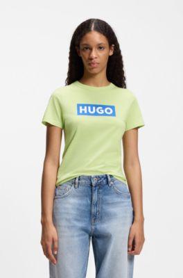 hugo slim-fit t-shirt in cotton with blue boxed logo - green women's t-shirts size m