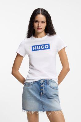 hugo slim-fit t-shirt in cotton with blue boxed logo - white women's t-shirts size xl