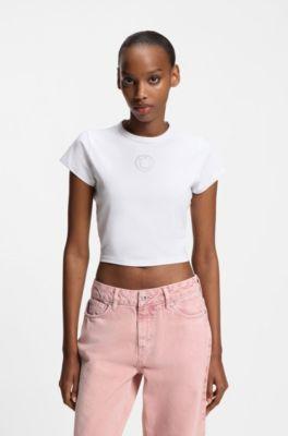 hugo stretch-cotton t-shirt with rhinestone happy - white women's t-shirts size l
