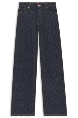 hugo super-wide-leg jeans in geometric-print denim - dark blue women's pants size 30/32