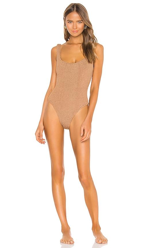 hunza g classic square neck one piece in tan.