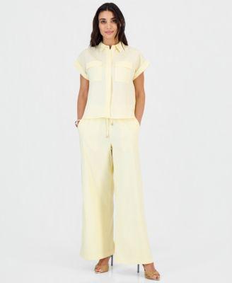 i.n.c. international concepts petite linen blend short sleeve button front shirt high rise wide leg pants macys exclusive