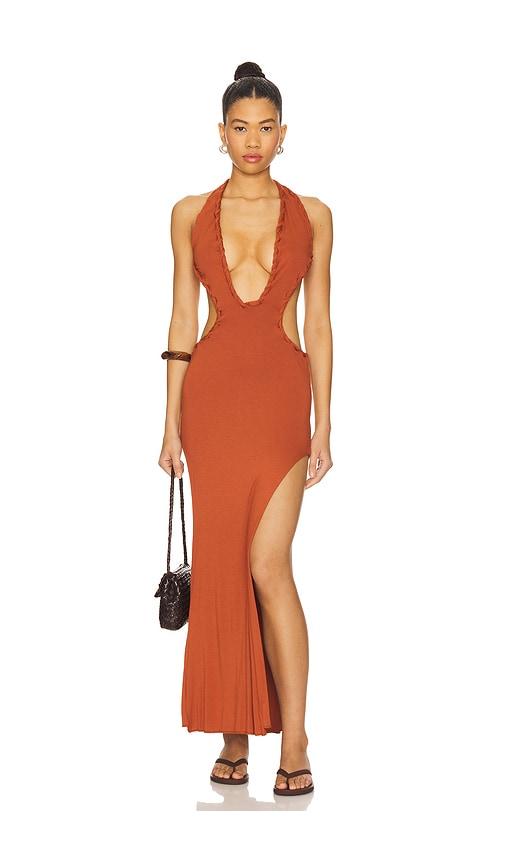 indah isla solid braided maxi dress in cognac. - size l (also in m)
