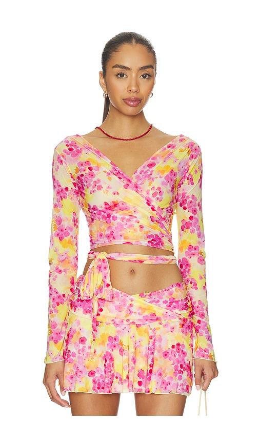 indah lori printed long sleeve wrap top in yellow,pink. - size l (also in s, xs, m)