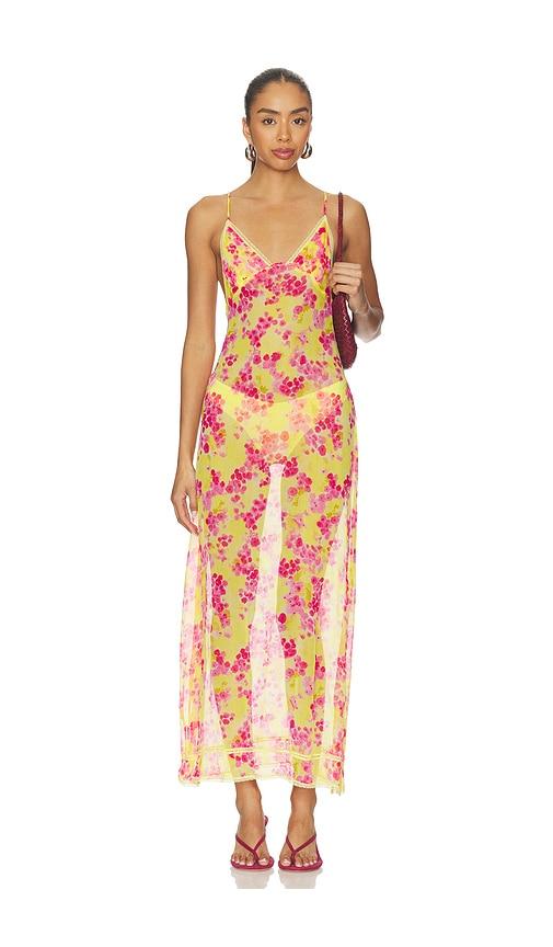 indah priscilla printed lace trim triangle bust slip dress in yellow,pink. - size l (also in m, s, xs)