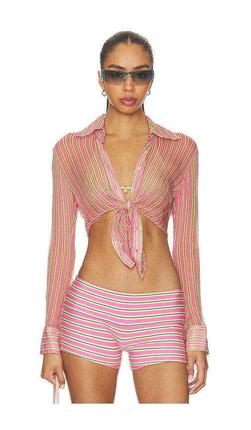indah rhode printed long sleeve button up fitted shirt in pink,green. - size m (also in s, xs)