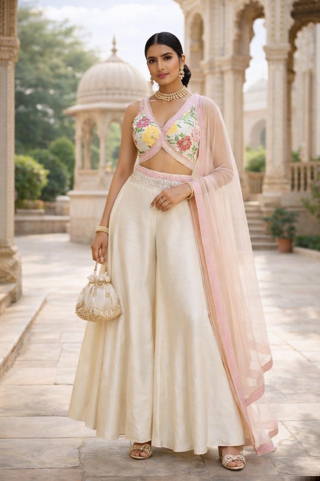 ivory floral print sharara set