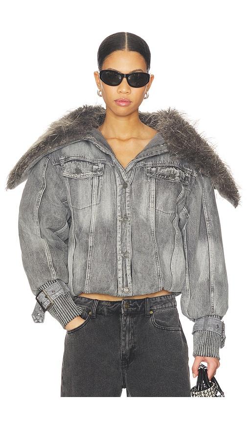 jaded london alloy denim bomber jacket with faux fur collar in grey. - size m (also in s)