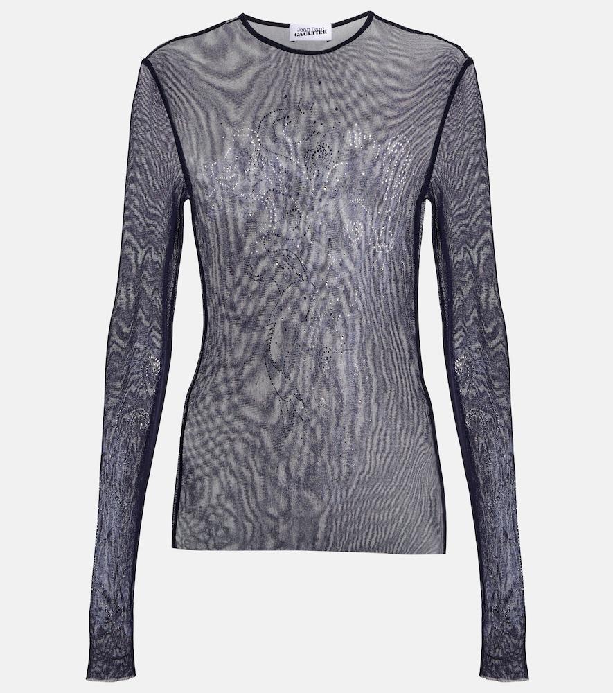 jean paul gaultier crystal-embellished printed mesh top