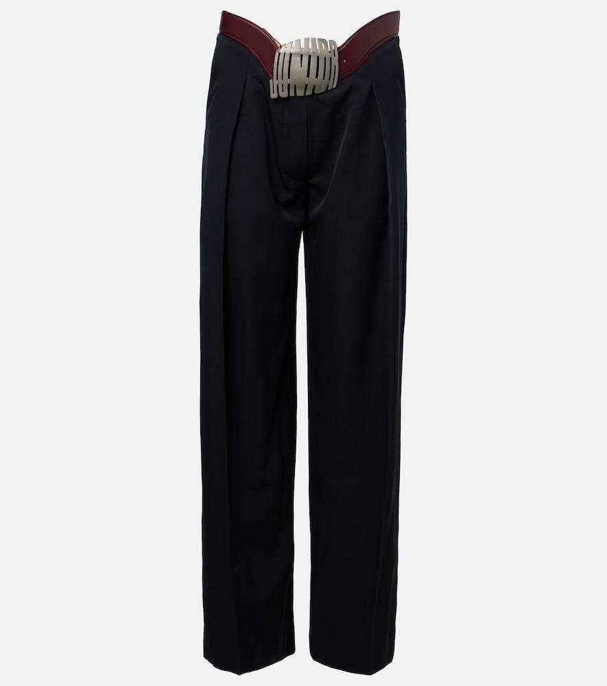 jean paul gaultier leather-trimmed wool wide-leg pants