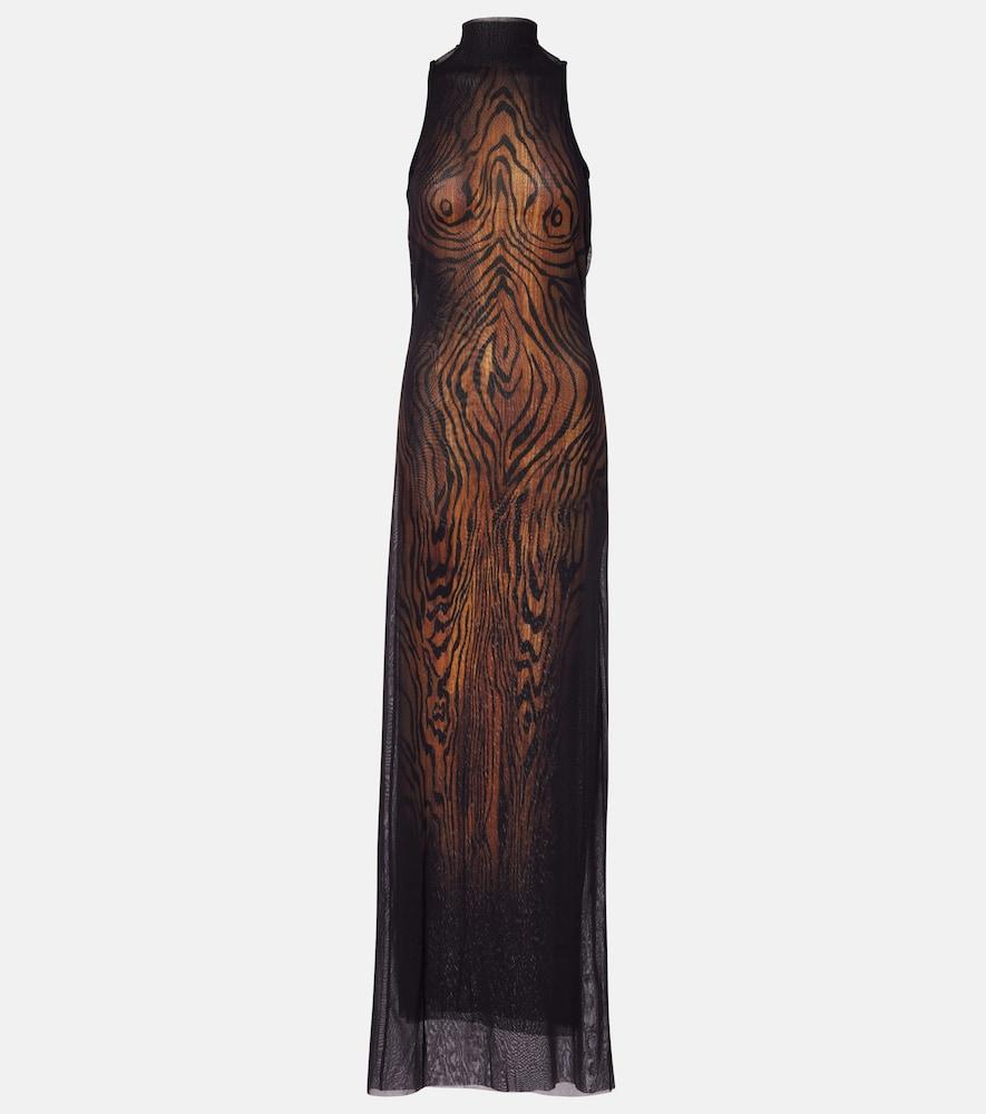 jean paul gaultier wood printed mesh maxi dress