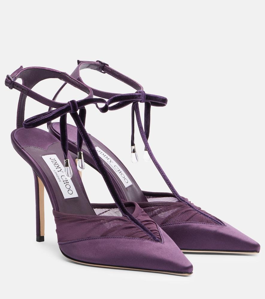 jimmy choo afia 100 velvet-trimmed satin pumps