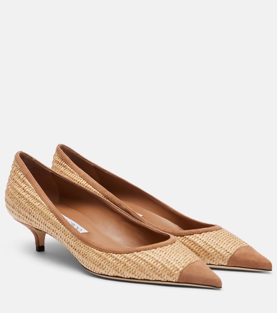 jimmy choo amelia suede-trimmed raffia pumps