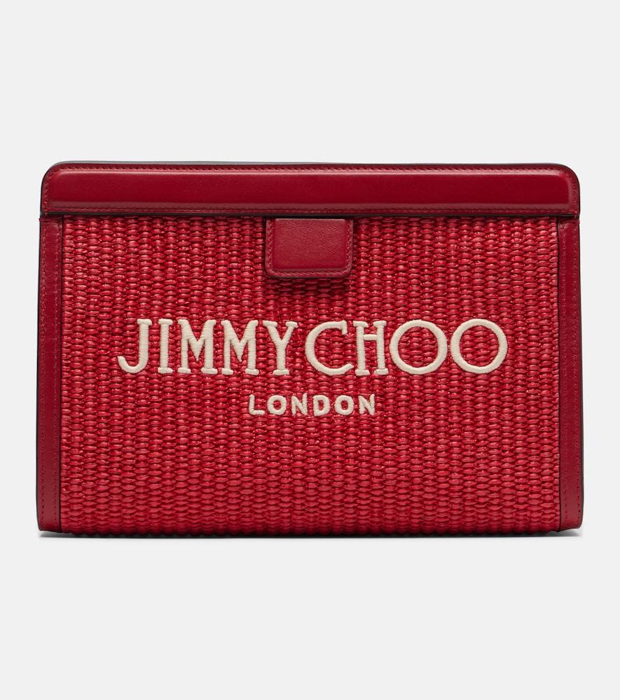 jimmy choo avenue small leather-trimmed raffia pouch