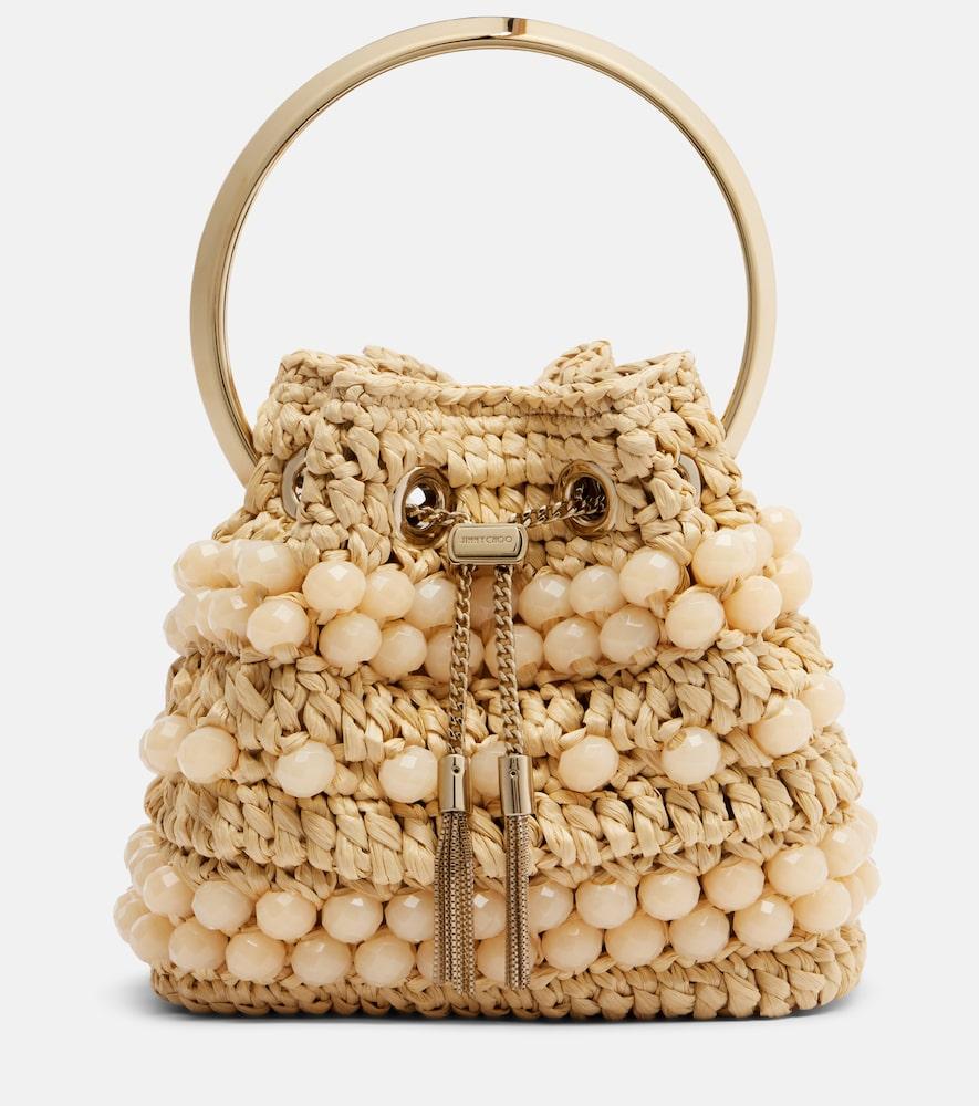 jimmy choo bon bon beaded raffia bucket bag