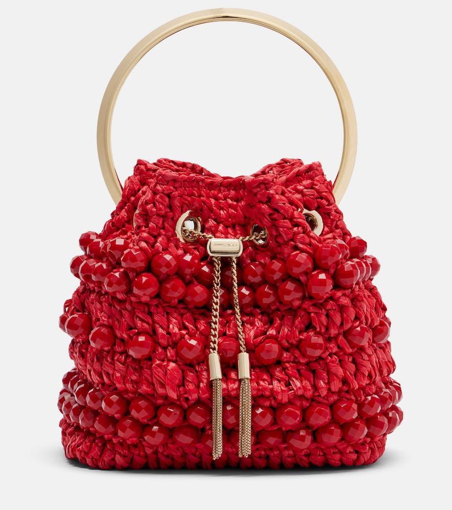 jimmy choo bon bon beaded raffia bucket bag