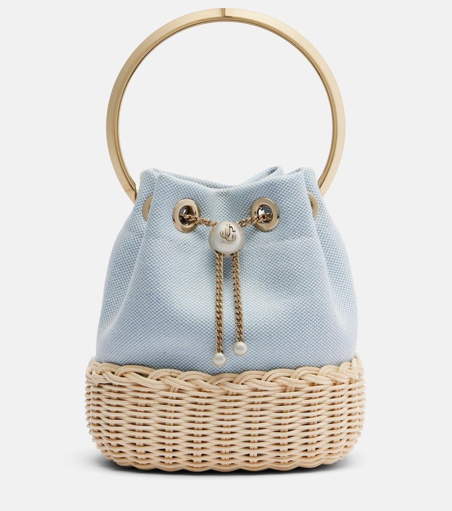 jimmy choo bon bon canvas and wicker bucket bag