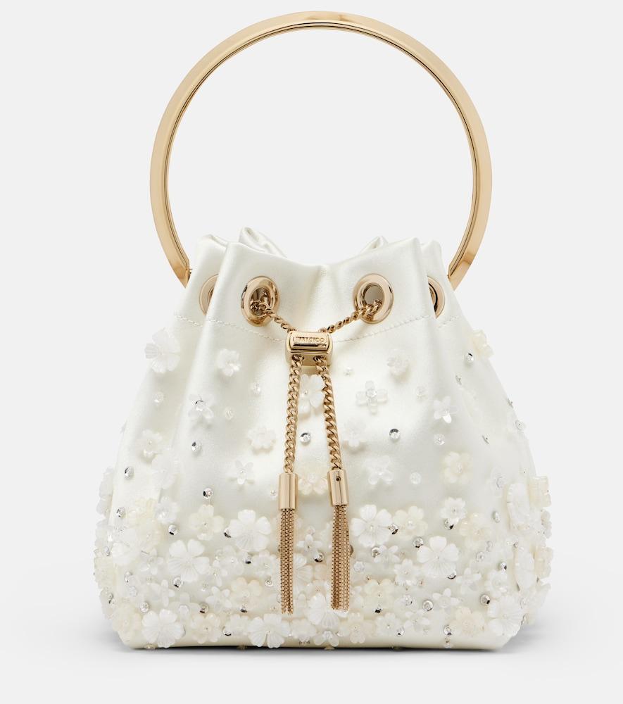 jimmy choo bon bon embellished satin bucket bag