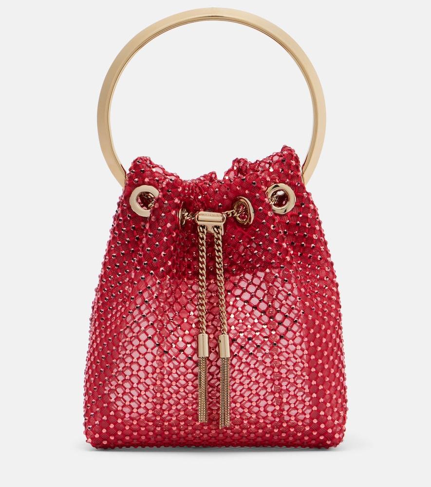 jimmy choo bon bon embellished satin bucket bag