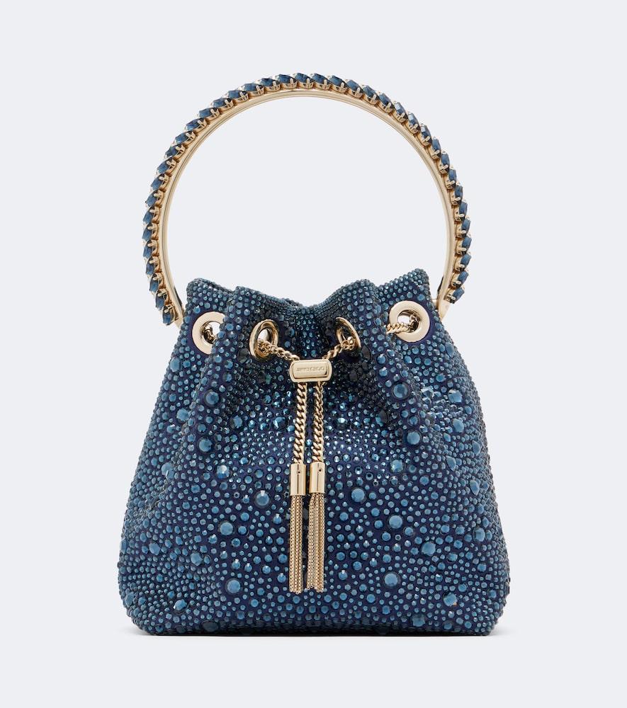 jimmy choo bon bon embellished satin bucket bag