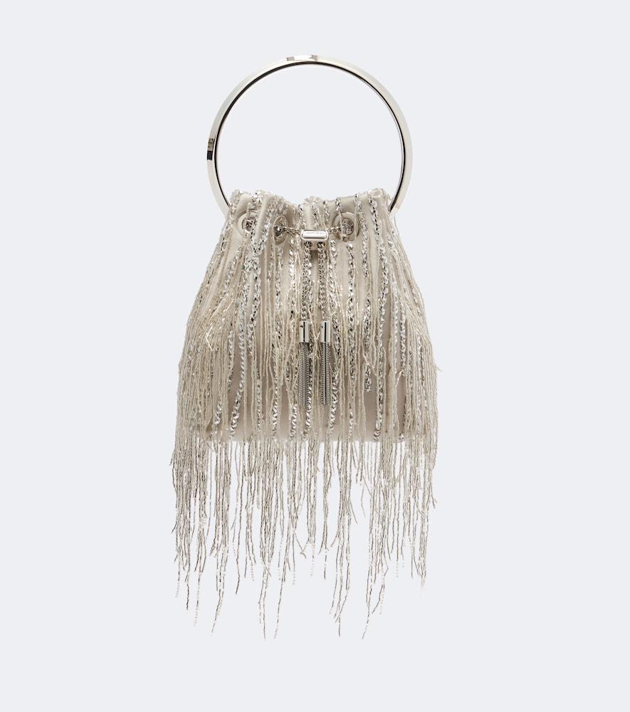 jimmy choo bon bon embellished satin bucket bag