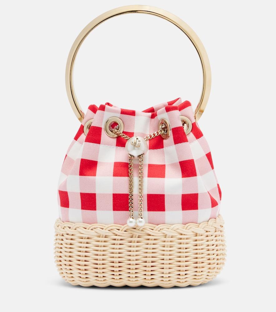 jimmy choo bon bon gingham canvas and wicker bucket bag