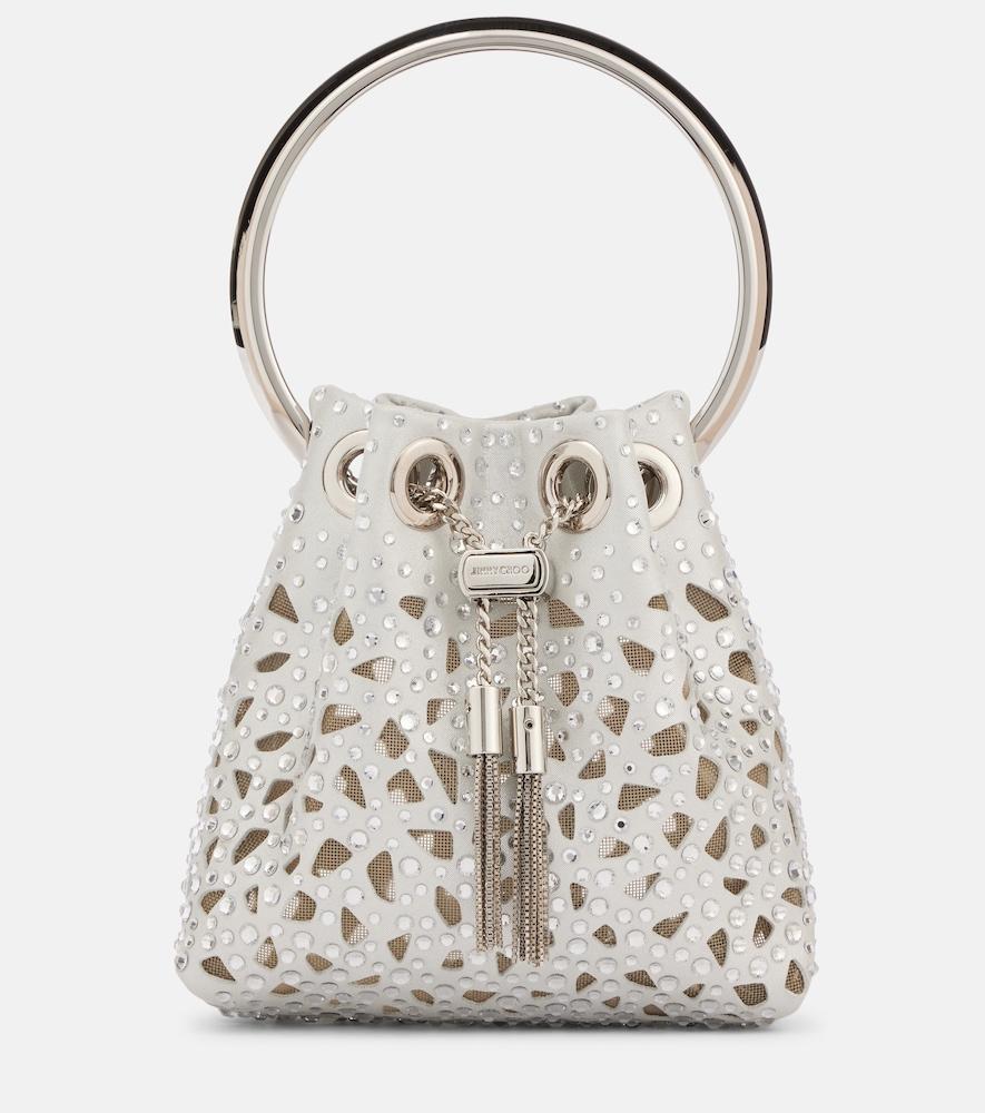 jimmy choo bon bon micro laser-cut satin bucket bag