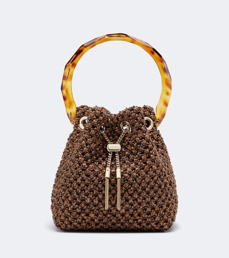 jimmy choo bon bon raffia-effect bucket bag